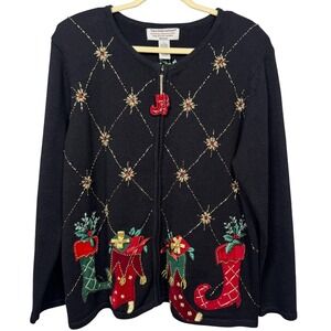 VTG Ugly Christmas Sweater Cardigan Women 1X Black Zip Stockings Festive Holiday
